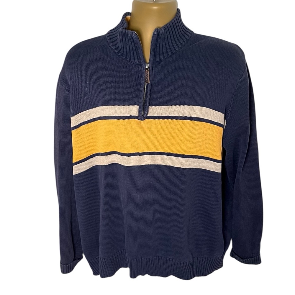 Eddie Bauer Quarter Zip Sweater Striped Mock Neck Navy Yellow Cotton XL